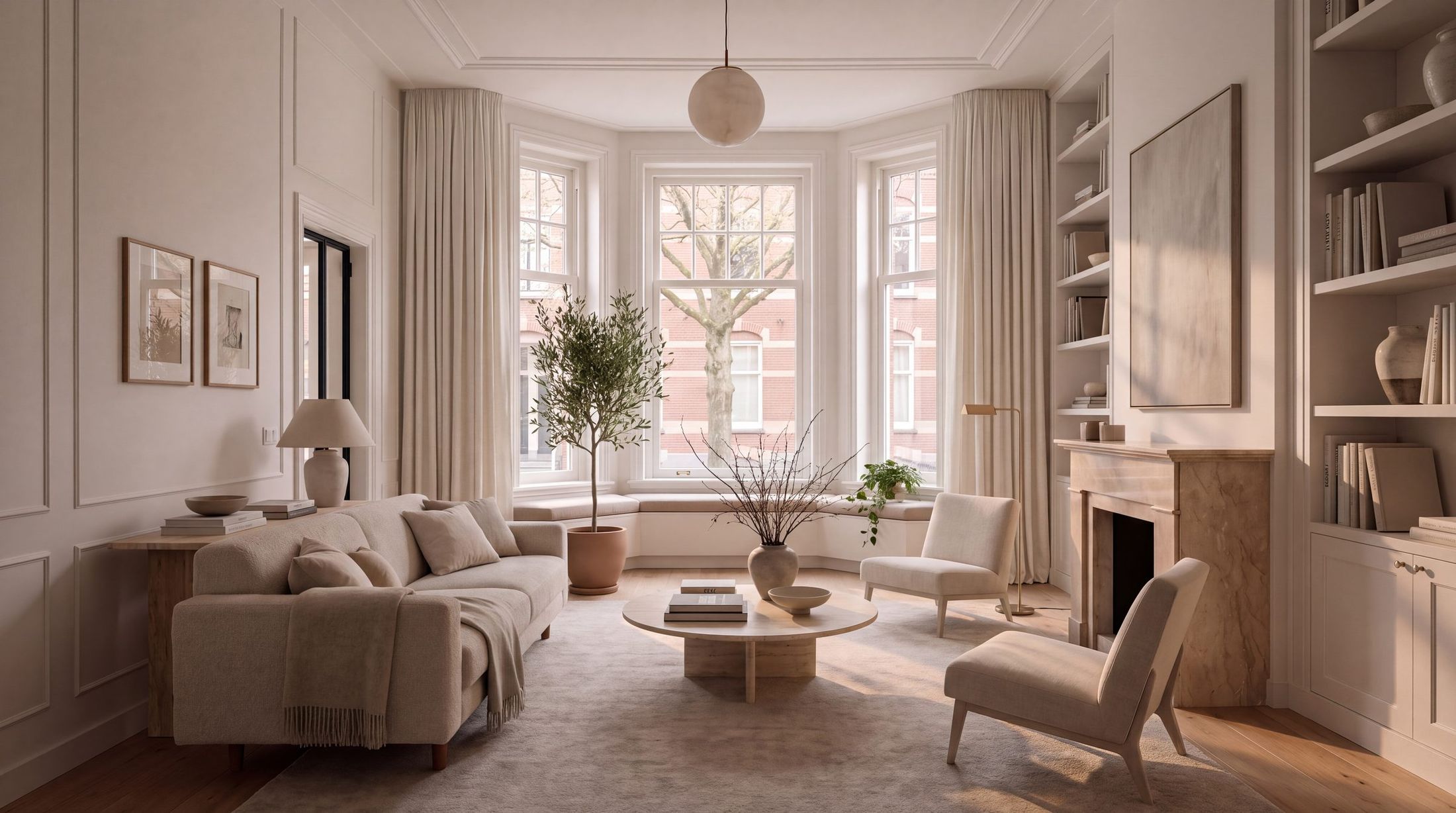 Woonkamer in de erker van Het Emmahuis, met schouw, boekenkasten en drie schuiframen